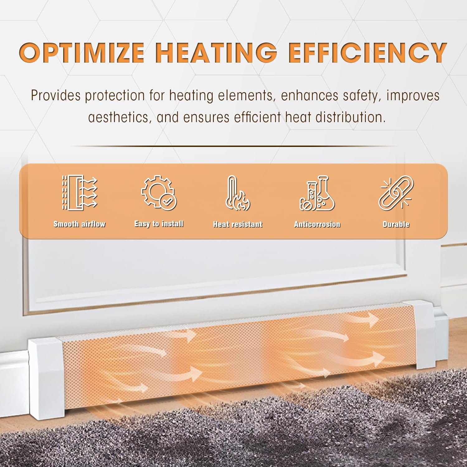 5ft Steel Easy Slip-On Baseboard Heater Cover with End Caps for Bathroom & Hydronic System for Replacing Old Cover